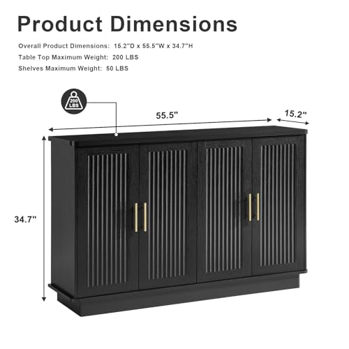 Okvnbjk Modern Sideboard Buffet Cabinet with Storage, Black | Fluted Coffee Bar Cabinet with 4 Doors & Adjustable Shelves for Kitchen, Dining Room, Living Room & Hallway - color: Black