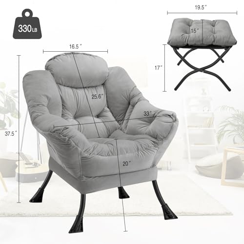 Lazy Chair with Folding Ottoman Modern Large Accent Chair,Contemporary Lounge Leisure Sofa Chair with Armrests Upholstered Sofa Armchair Reading Chair for Bedroom,Dorm&Office (Light Grey-f) - color: Light Grey