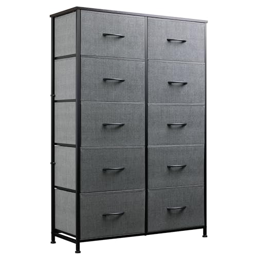 WLIVE Tall Dresser for Bedroom with 10 Fabric Drawers, Dark Grey | 10 Drawers, Fabric Dresser for Closet, Storage Tower with Cabinet, Metal Frame - color: Dark Grey