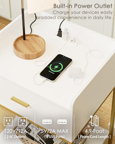 Masupu Nightstand with Charging Station, 3-Tier Modern Bedside Night Stand with Storage Drawer and Shelf, Large End Side Table for Bedroom, Living Room,White - color: Extra Large White-outlet