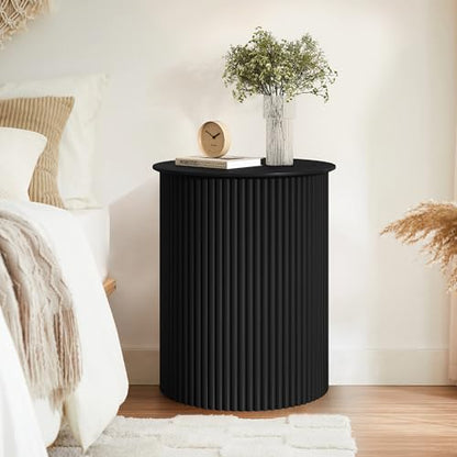 Round Fluted Side Table Set of 2, 17.7" Mid-Century Modern End Tables, Wooden Bedside Table Round Nightstand Small Circle Sofa Accent Table for Living Room, Bedroom Home(Black) - color: Black, size: 17.7"D x 17.7"W x 21.6"H