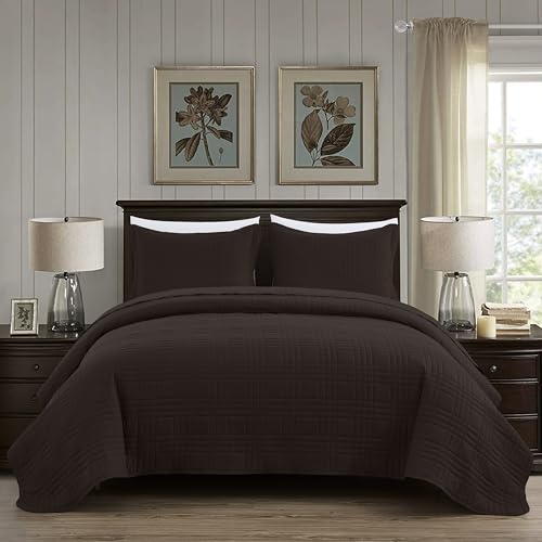 Chezmoi Collection Kingston Queen Size Bedspread Set, 3-Piece Brown Oversized Quilted Microfiber Lightweight Bedspread Coverlet (100"x106") for All Seasons - color: Brown, size: Queen