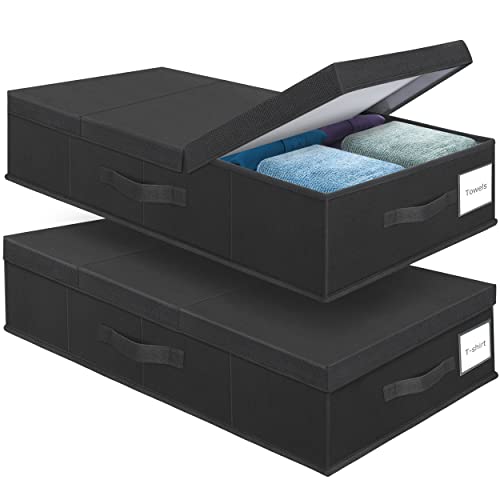Supowin 2Pack Large Underbed Storage Containers Bin with Lids, Black | 6 Inches Tall Under Bed Storage Organizer Box with Handles, Foldable Closet Organizer for Clothes, Blankets, Seasonal Items - color: B-Black