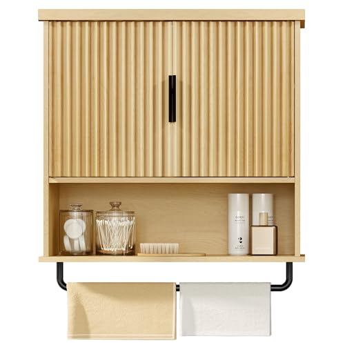 VASAGLE MAXE Collection - Bathroom Cabinet Wall Mounted, Over Toilet Hanging Cabinet with Adjustable Shelf, Towel Bar, Fluted Doors, 7.9 x 23.6 x 28.7 Inches, Transitional, Oak Beige UBBK135Y01S - color: Oak Beige, style: 2Doors（28.7"H）