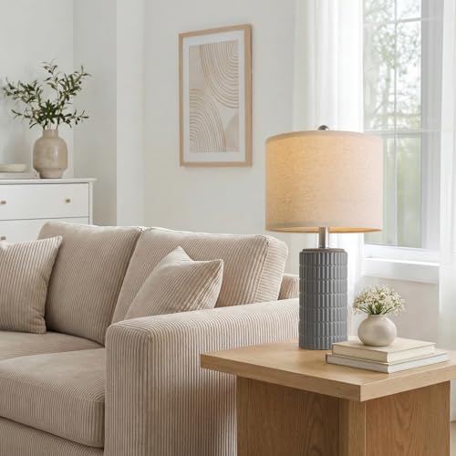 PoKat 20.75'' Ceramic Small Table Lamps for Bedroom, Modern Dark Gray Bedside Lamps Set of 2, Farmhouse Lamps for Living Room with Linen Lampshade for Night Stands Guest Room Side End Table Console - color: Dark Grey