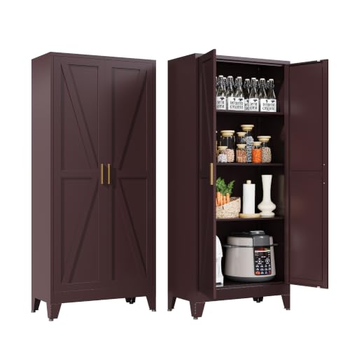 Washsemba 61" Tall Farmhouse Metal Pantry Cabinet, Kitchen Pantry Storage Cabinets with 2 Barn Door and Adjustable Shelves,for Kitchen,Laundry Room,Home Office,Kids Room （Burgundy） - color: Burgundy, size: 61" - Pantry Cabinet - 2 Door