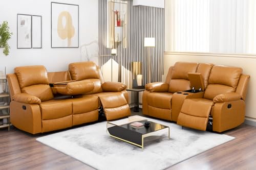 A Ainehome Recliner Sofa Set Living Room Manual Reclining Sofa Bonded Leather Loveseat Chair Sectional Couch for Living Room/Home (A-Ginger Leather, Sofa+Loveseat) - color: A-ginger Leather, size: Sofa+Loveseat