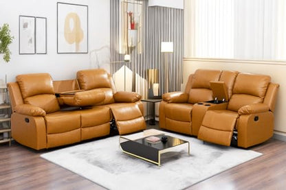 A Ainehome Recliner Sofa Set Living Room Manual Reclining Sofa Bonded Leather Loveseat Chair Sectional Couch for Living Room/Home (A-Ginger Leather, Sofa+Loveseat) - color: A-ginger Leather, size: Sofa+Loveseat