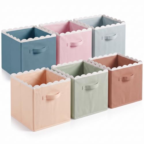 Yalikop 6 Pcs Boho Scalloped Cube Storage Bins 11 Inch Fabric Storage Basket with Handle Collapsible Clothes Closet Organizer Bin for Classroom Books Toy Box Nursery School Organizing - color: Bohemian