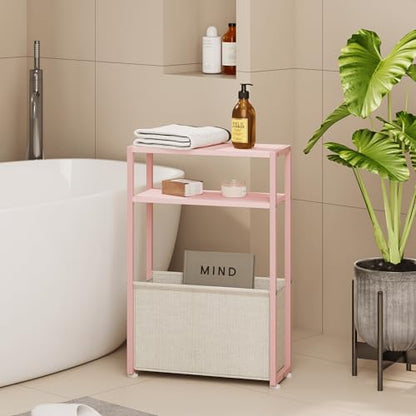 Leomonio Narrow Side Table, Slim End Tables with Fabric Basket, Skinny Table for Small Spaces, Thin Bedside Table for Living Room, Bedroom (1, Jelly Pink + Cream White) - color: Jelly Pink + Cream White