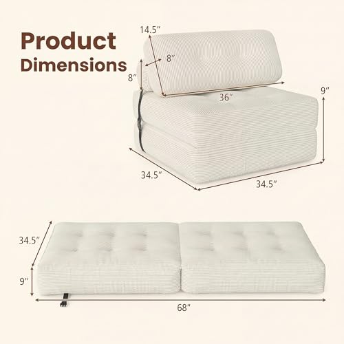 COSTWAY Folding Sofa Bed with Pillow, Convertible Couch (Beige) | with Backrest & Fixing Straps, Boneless Convertible Sleeper Chair for Adults, Guest Use, Living Room - color: Beige