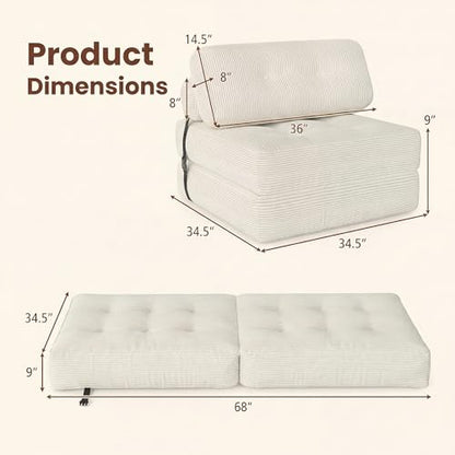 COSTWAY Folding Sofa Bed with Pillow, Convertible Couch (Beige) | with Backrest & Fixing Straps, Boneless Convertible Sleeper Chair for Adults, Guest Use, Living Room - color: Beige