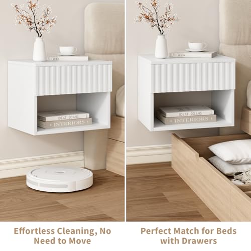 Floating Nightstand Set of 2, Modern Wall Mounted Bedside Tables with Fluted Drawer, Night Stand Small End Table with Open Storage Shelf for Bedroom, Living Room, Small Spaces, White