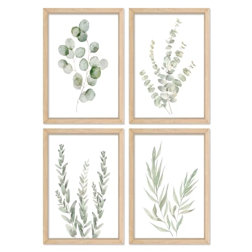 Bathroom Decor Sage Green Eucalyptus Botanical Wall Art 11x16 Rustic Frame | Watercolor Prints Sign Decor Minimalist Wood Framed Set of 4 for Laundry Room Office Wall Hanging - color: Botanical Watercolor (Wood), size: 11"L x 16"W