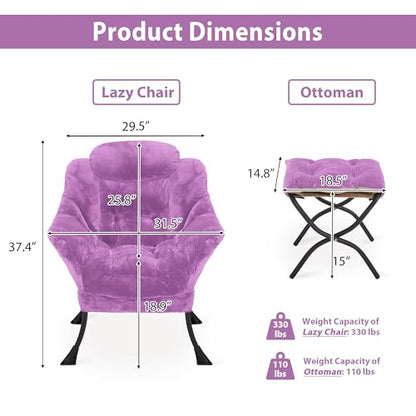 Youtanic Lazy Chair with Folding Ottoman, Accent Chair Plush Upholstered with Metal Structure and Non-Slip Pads, Sofa Armchair with Footrest and Side Storage Bag for Dorm, Room, Office, Purple - color: Plush Purple