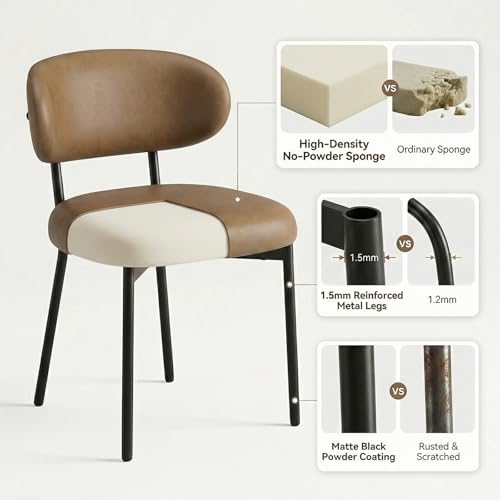 Upholstered Dining Chairs Set of 2, Modern Faux Leather Kitchen Chairs with Curved Backrest and Cushioned Seat, Sturdy Metal Legs, Modern Dining Chairs for Kitchen Dining Room,Living Room,Brown - color: Brown, size: Set of 2