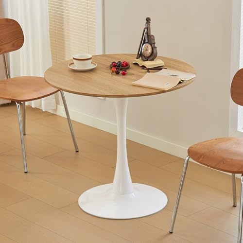 Round Dining Table, 31.5" Circle Tulip Table with Thickened Tabletop & Metal Pedestal, Mid Century Modern Bistro Table for Kitchen, Small Places, Living Room, Cafe (Faux Oak) - color: Faux Oak, size: 31.5"