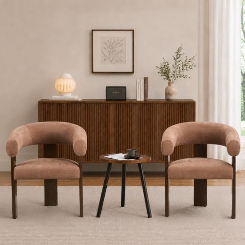 Modern Accent Chair, Barrel Armchair, U-Shaped Backrest, Brown | Barrel Accent Chair, Upholstered Arm Chair, Ergonomic Curved Back, Soft Chenille, Solid Wood Legs, Living Room, Bedroom - color: Brown
