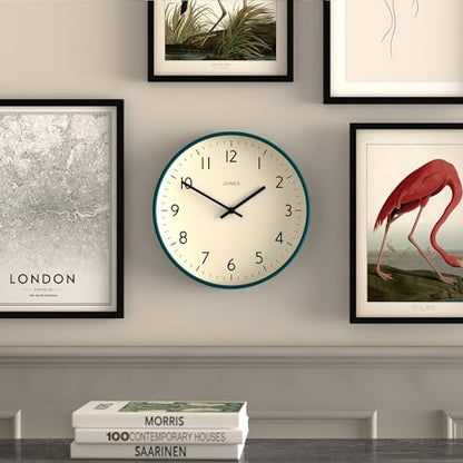 JONES CLOCKS® Studio Clock | Modern Round wall Clock | 12" | Dark Green | Easy to Read Numbers | Versatile Design for Kitchen, Living Room or Office - color: Eden Green