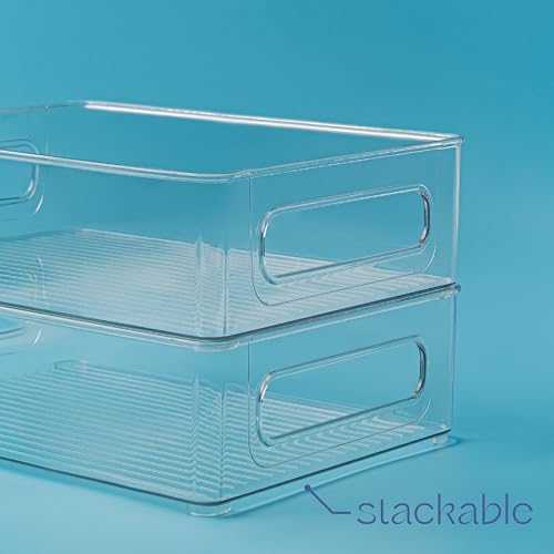 Plastic Food Storage 4 Pack Clear Container Bin with Handles for Organizing Kitchen, Pantry, Refrigerator, Freezer, Pantry, Cabinet, Closet, Bathroom. Stackable 10”x8”x3” - size: 10x8x3