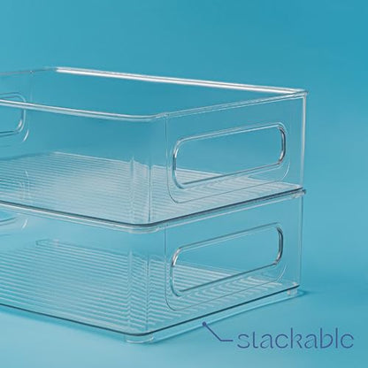 Plastic Food Storage 4 Pack Clear Container Bin with Handles for Organizing Kitchen, Pantry, Refrigerator, Freezer, Pantry, Cabinet, Closet, Bathroom. Stackable 10”x8”x3” - size: 10x8x3