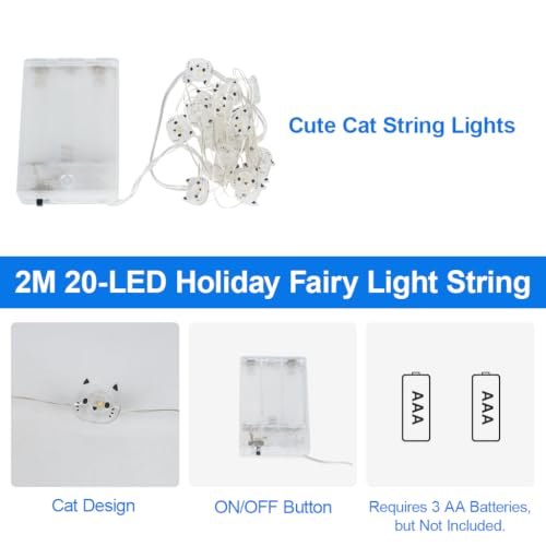 Cat String Lights,20 Led Fairy Light Indoor,Battery Powered Cute String Lights,Decorative String Light Indoor,Warm White,2M,Transparent Wire,for Kids Room,Bedroom,Dorm, Party Decor