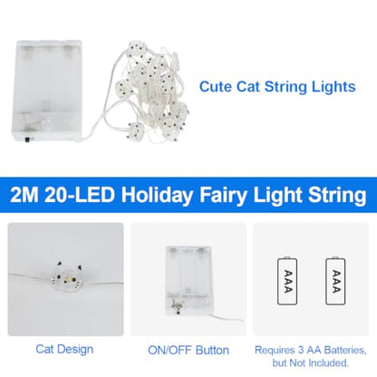 Cat String Lights,20 Led Fairy Light Indoor,Battery Powered Cute String Lights,Decorative String Light Indoor,Warm White,2M,Transparent Wire,for Kids Room,Bedroom,Dorm, Party Decor