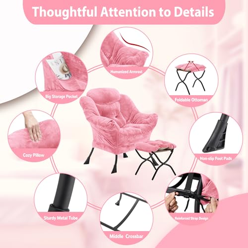 Youtanic Lazy Chair with Folding Ottoman, Accent Chair Plush Upholstered with Metal Structure and Non-Slip Pads, Sofa Armchair with Footrest and Side Storage Bag for Dorm, Room, Office, Pink - color: Plush Pink-f
