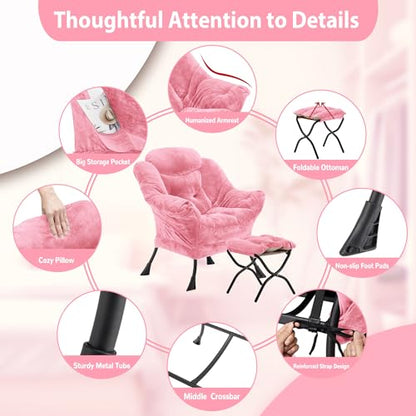 Youtanic Lazy Chair with Folding Ottoman, Accent Chair Plush Upholstered with Metal Structure and Non-Slip Pads, Sofa Armchair with Footrest and Side Storage Bag for Dorm, Room, Office, Pink - color: Plush Pink-f