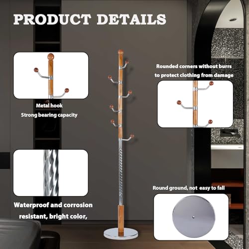 Coat Racks FreeStanding with 11 Hooks, Natural Wood Coat Rack with Solid Round Base, Adjustable Height Coat Racks, Easy Assembly for Hallway, Bedroom and Office (Solid Wood Metal Hook) - color: Solid Wood Metal Hook