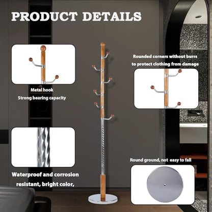 Coat Racks FreeStanding with 11 Hooks, Natural Wood Coat Rack with Solid Round Base, Adjustable Height Coat Racks, Easy Assembly for Hallway, Bedroom and Office (Solid Wood Metal Hook) - color: Solid Wood Metal Hook