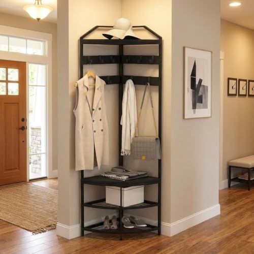 Takywep Entryway Coat Rack with Storage, Narrow Corner Hall Tree with Mesh Shelves, Movable Hooks & Adjustable Feets, Metal Corner Coat Rack for Entryway, Bedroom, Black
