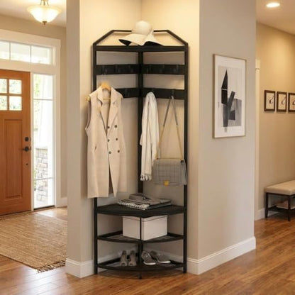 Takywep Entryway Coat Rack with Storage, Narrow Corner Hall Tree with Mesh Shelves, Movable Hooks & Adjustable Feets, Metal Corner Coat Rack for Entryway, Bedroom, Black