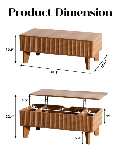 Rectangular Lift Top Coffee Table with Storage, 41.5" Mid Century Modern Living Room Center Table, Wood Fluted Coffee Table for Home Office, Walnut - color: Walnut-rectangle