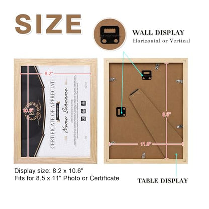 8.5x11 Picture Frame Natural, Solid Wood Diploma Frames with Acrylic Plexiglass for Pictures, Certificate Degree Document Frame Tabletop and Wall Mounting Display, Set of 4 - color: Natural, size: 8.5x11
