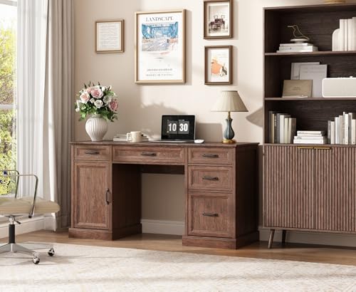 CARPETNAL 58'' Farmhouse Executive Desk with Drawers, Home Office Desk with File Drawer and Storage Cabinet, Rustic Computer Desk for Working, Studying, Writing, Brown - color: Brown