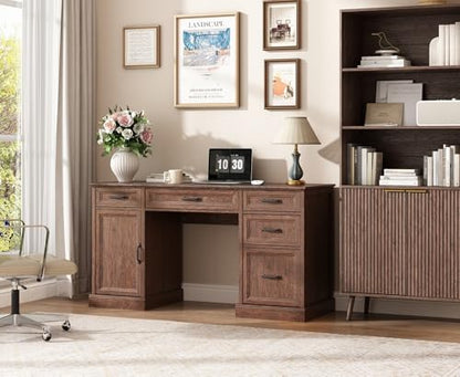 CARPETNAL 58'' Farmhouse Executive Desk with Drawers, Home Office Desk with File Drawer and Storage Cabinet, Rustic Computer Desk for Working, Studying, Writing, Brown - color: Brown