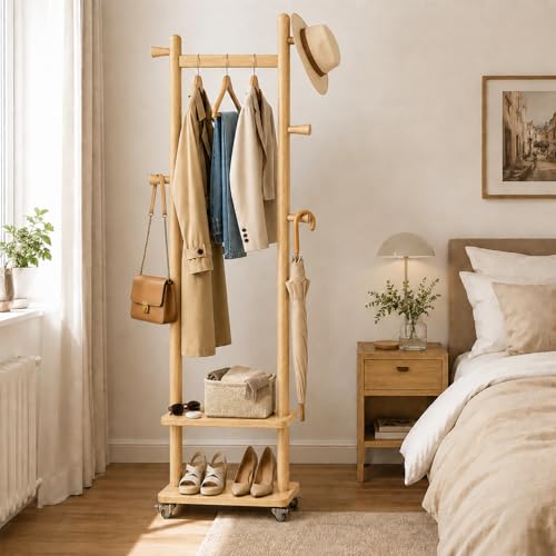 Small Clothes Rack Solid Wood Coat Rack Freestanding with Wheels | Space Saving, Stable 5 Hooks 2 Shelves Coat Tree, Silent 360 Degree Wheels, Heavy Duty 150 lb Capacity for Entryway Bedroom - color: Natural Wood, size: S: 15.7" x W: 11.8" x H: 70" (With