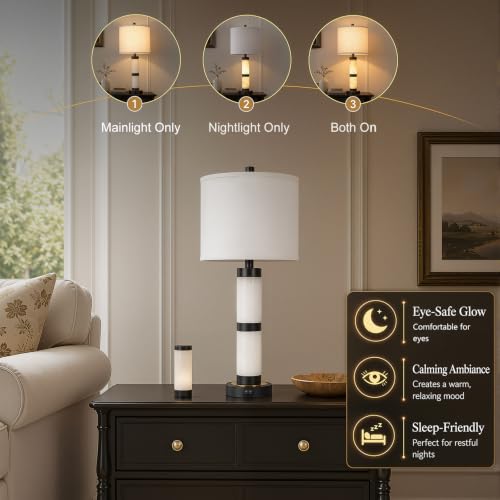 KIVDITZO Alabaster Table Lamps Set of 2 with Night Light with USB A&C Ports | Nightstand Lamp, USB Ports, Alabaster Night Light, Modern Bedside Table Lamp, Bulbs Included, for Bedroom Living Room Office - color: Pure White
