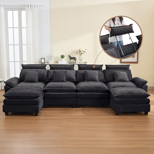 134'' Cloud Modern 4 Seater Couch with Detachable Headrest, Modular Sectional Sofa with 2 Ottoman, Oversized U Shape Chenille Comfy Sofa with Armrests for Living Room, Dark Grey - color: Dark Grey, size: U Shaped Couch