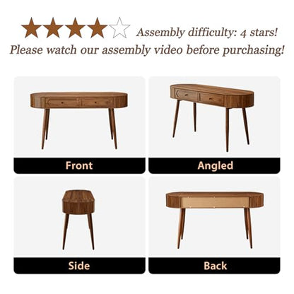 59" Wood Writing Desk, Laptop Desk with Drawer, Vanity Table Study Desk | Mid-Century Writing Desk, Walnut Laptop Desk with 2 Flip Storage and Drawers, 150 CM Elegant Fluted Desk for Office, Bedroom - color: Walnut-59 Inch