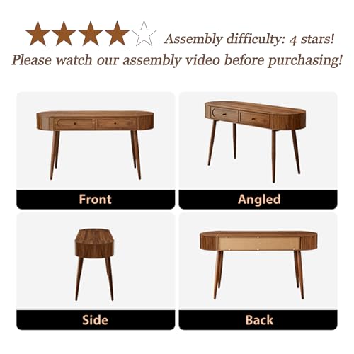59" Wood Writing Desk, Laptop Desk with Drawer, Vanity Table Study Desk | Mid-Century Writing Desk, Walnut Laptop Desk with 2 Flip Storage and Drawers, 150 CM Elegant Fluted Desk for Office, Bedroom - color: Walnut-59 Inch