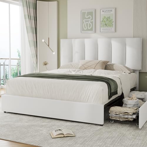 VECELO Full Size Bed Frame with 4 Storage Drawers, Adjustable Height Headboard, Heavy-Duty Platform Bedframe with Strong Wooden Slats, No Box Spring Needed, Pure White - color: Velvet & White, size: Full, style: Bed Frame With Drawers