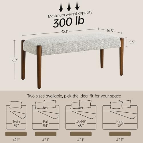 Usaint 42" End of Bed Bench with Wood Legs, Light Brown with Walnut Leg | Modern Upholstered Bedroom Bench with Rubberwood Legs, Entryway Bench with Cushion, Dining Bench for Living Room, Bedroom - color: Light Brown With Walnut Leg