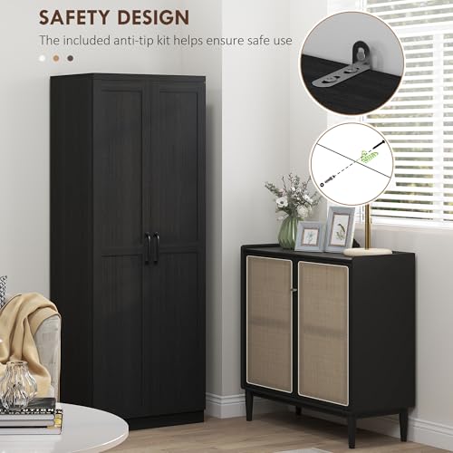 HOMCOM 63" 2-Door Kitchen Pantry 5-Tier Black Wood Grain | Freestanding Storage Cabinet, Shelving, 2 Adjustable Shelves, for Dining Room - color: Black