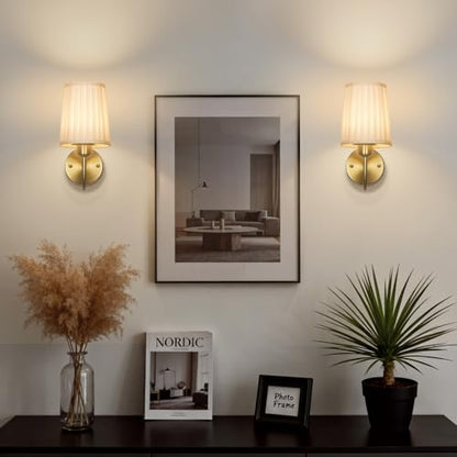 Battery Operated Wall Sconce Set of Two, Wireless Wall Sconces with 10000mAh Dimming Magnetic Bulb, Rechargeable Wall Sconce with Pleated Fabric for Bedroom Living Room Gallery Hallway, Gold - color: Gold-White