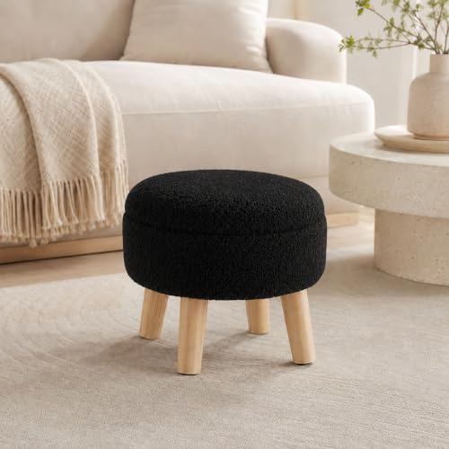 Simple Deluxe 13" Round Storage Ottoman with Wooden Legs & Dual-Use Tray Lid, Fluffy Teddy Boucle Ottoman Footstool for Bedroom, Living Room & Vanity, Black - color: Black