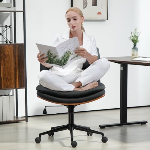 Armless Modern Walnut Office Desk Chair with Wheels, PU Leather Adjustable Wide Swivel Task Chair, Ergonomic Cross Legged Computer Chair for Conference Room, Home Office (Black) - color: Black