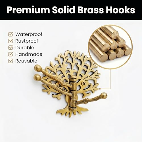 Indian Shelf Brass Tree Swivel Wall Hook, Foldable Tri-Arm Gold Hanger - style: Tree