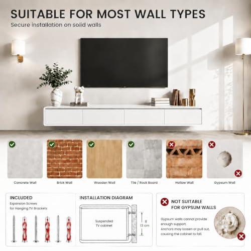 Floating TV Stand, Modern Wall-Mounted Entertainment Center with 1 Flip-Down Cabinet Doors 2 Drawers, Solid Wood Media Console (White, 63") - color: White, size: 63"